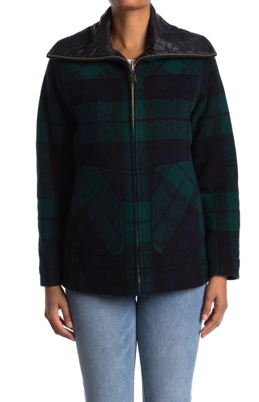 Pendleton Green Blackwatch Tartan Plaid Wool Zip Front Coat Jacket Large